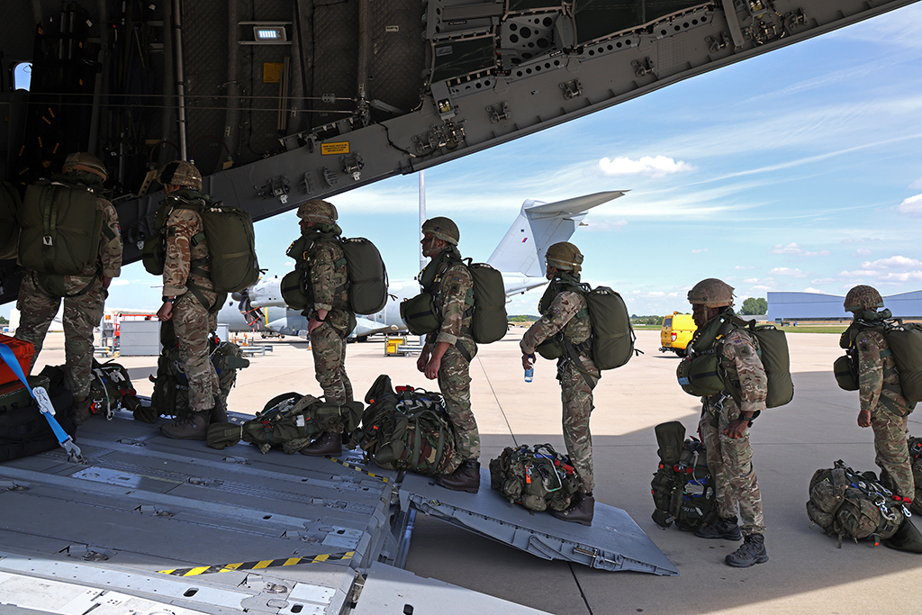 Paratroopers boarding an RAF Atlas (A400M), via its ramp.
